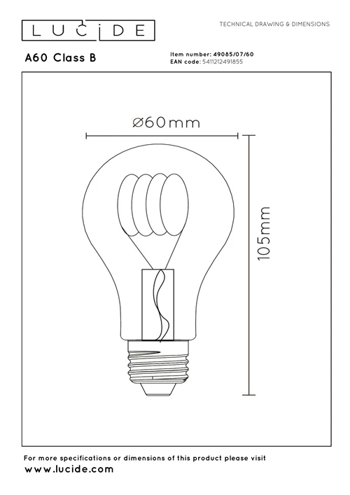 Lucide A60 Class B - Lámpara de filamento - Ø 6,4 cm - LED Regul. - E27 - 1x7W 2700K - Transparente - técnico